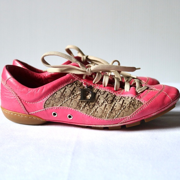 CHRISTIAN DIOR Vintage Y2K Pink Leather Monogram Trotter Canvas Lace Up Sneakers - Picture 1 of 11